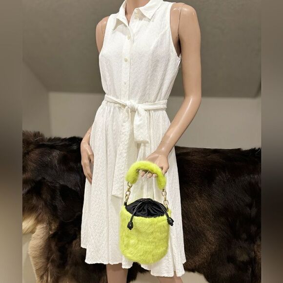 Handmade Lime Green Genuine Mink Fur & Drawstring Bucket Bag/Crossbody - Picture 3 of 15